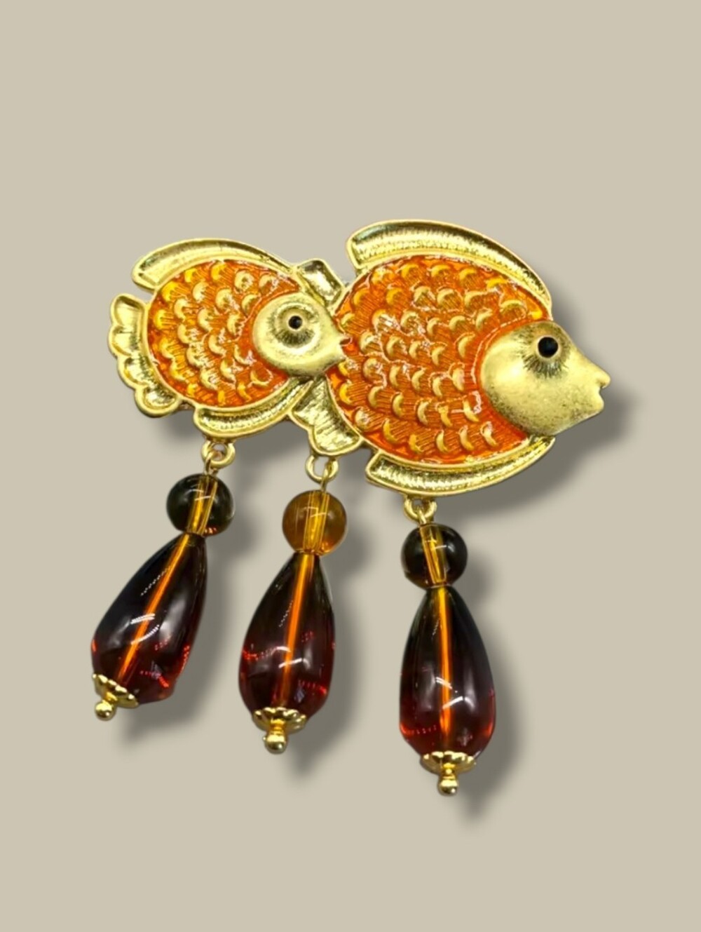 New! Double Fish Orange Enamel Amber Tear Drop Dangle Brooch Pin • NWOT